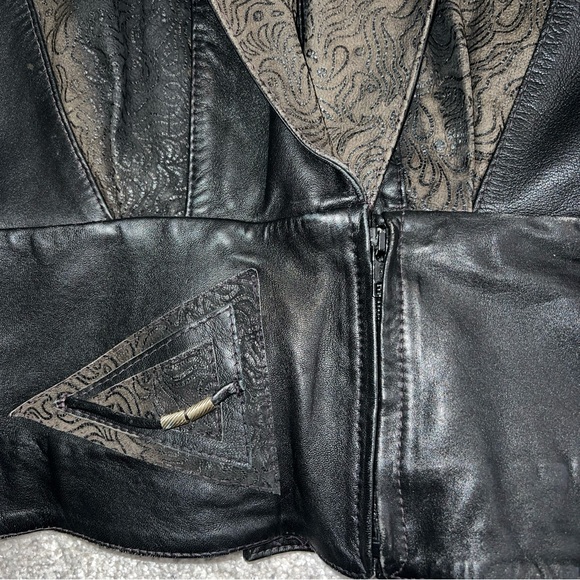 Vintage 80s Black  Leather Patchwork Western Jacket Black Women's M Tassel Retro - Picture 4 of 13
